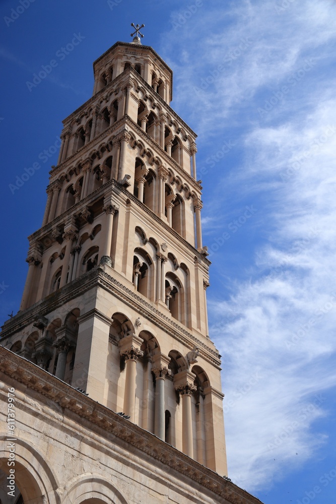 Split landmark. Old Town in Croatia. UNESCO World Heritage Site landmark. Cathedral campanile.