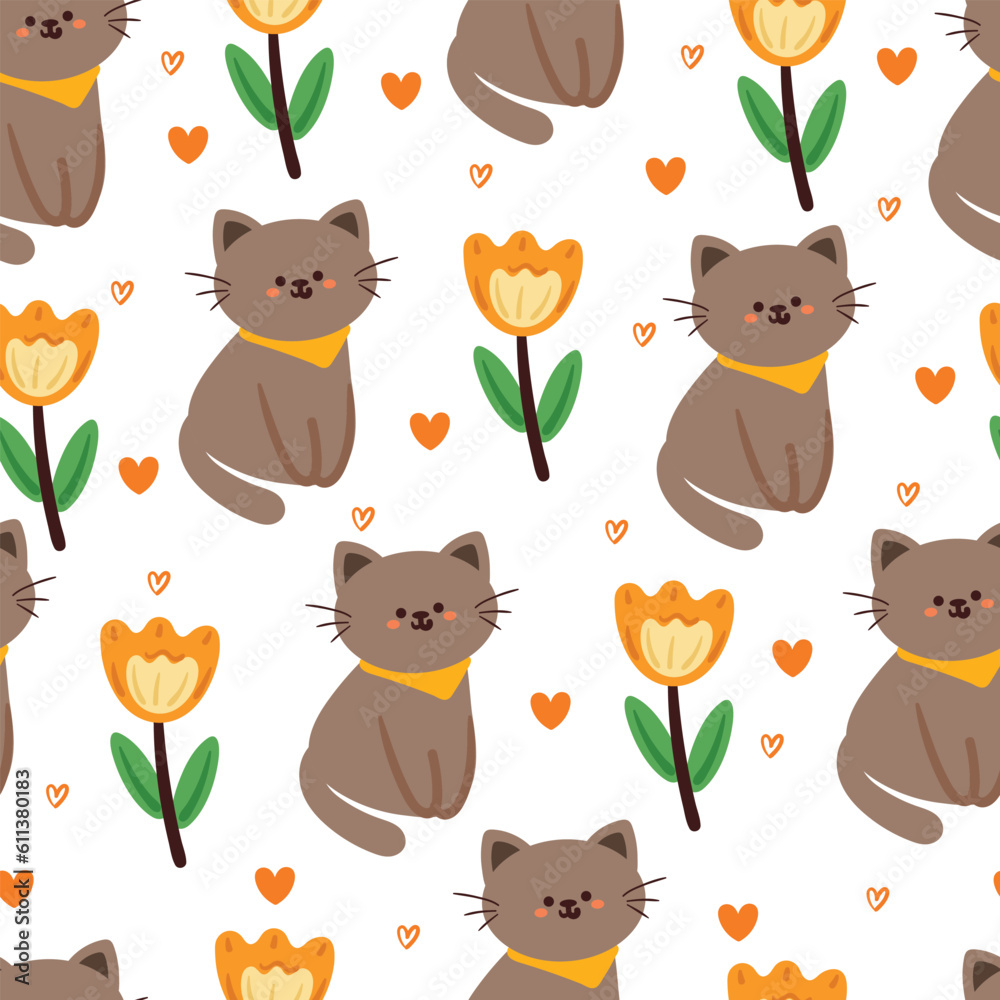 Fototapeta premium seamless pattern cartoon cat and flower. cute animal wallpaper for textile, gift wrap paper