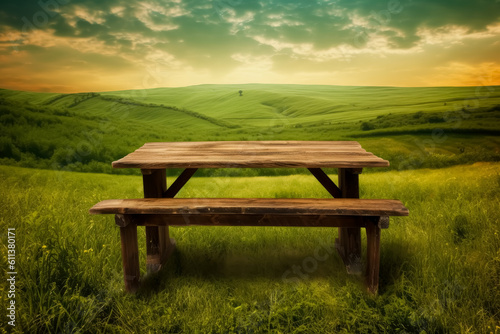 Wooden table in an open field in the outdoor grassy landscape. Generative Ai.