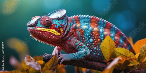 A chameleon shifting its colors, representing adaptability and change, concept of Camouflage, created with Generative AI technology photo