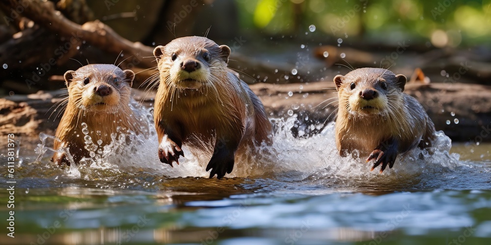 A family of otters slide down a riverbank, their gleeful squeaks echoing through the air as they plunge into the cool water, concept of Playful behavior, created with Generative AI technology