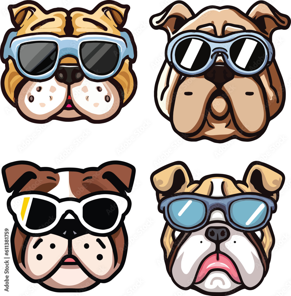 Naklejka premium Cartoon dog head set, bull dog with sun glasses