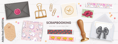 Collection of realistic 3d art supplies for scrapbooking isolated on white wooden background. Vector illustration of envelope, clip, paper, rubber stamp, wax seal, tape