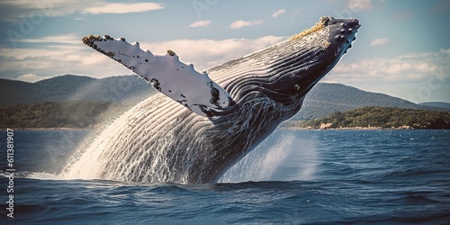 A humpback whale breaching the ocean surface, illustrating freedom and majesty, concept of Natural wonder, created with Generative AI technology photo
