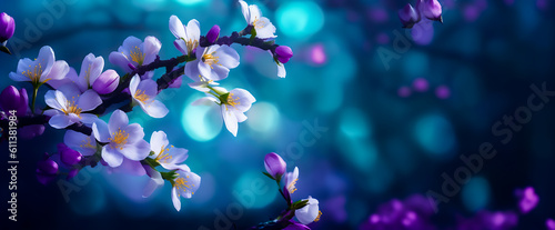 almond blossom bunch of flowers on a tree Blue white color Created with generative AI