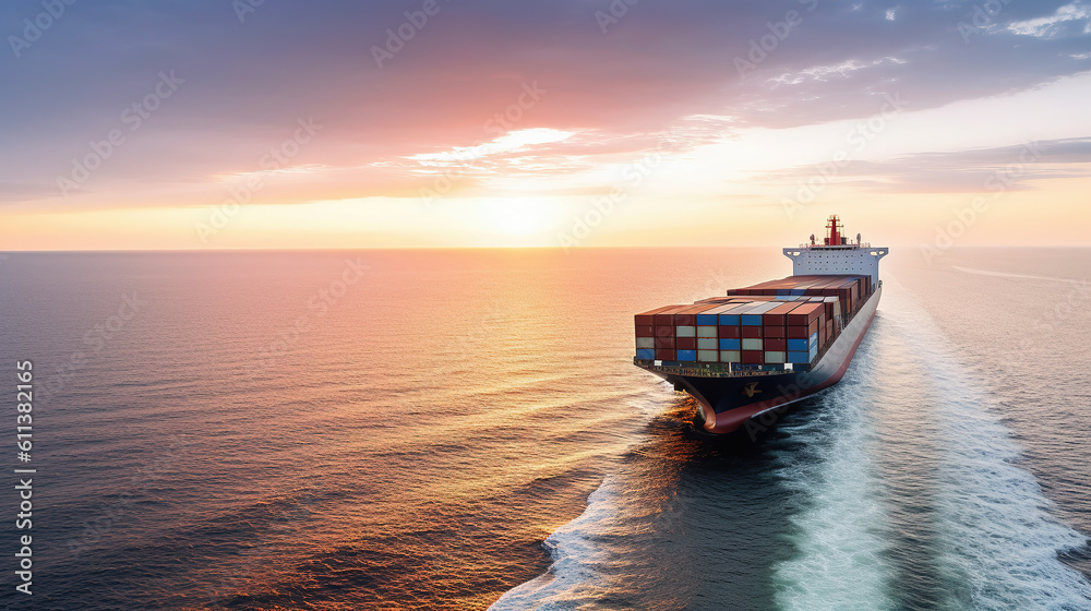 Aerial view of a large, heavy loaded container cargo ship