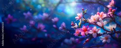 almond blossom bunch of flowers on a tree Rainbow Neon color Created with generative AI