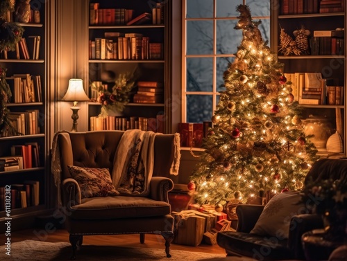 Capture the festive spirit of Christmas with a prime lens  photographing a beautifully decorated Christmas tree in a cozy living room at night generated AI