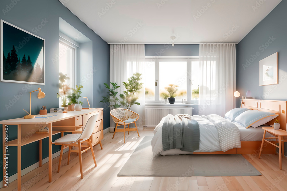 Fototapeta premium Bedroom in scandinavian style. Generative AI