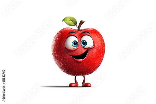 3D red apple funny cartoon character with eyes on white background Generative AI Illustration