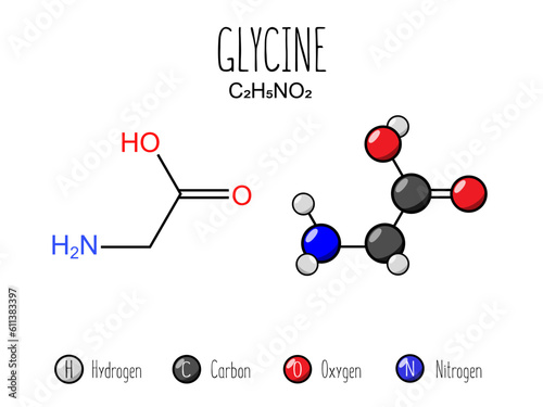Glycine amino acid representation. Skeletal formula and 2d structure illustration, isolated on white background. Vector editable