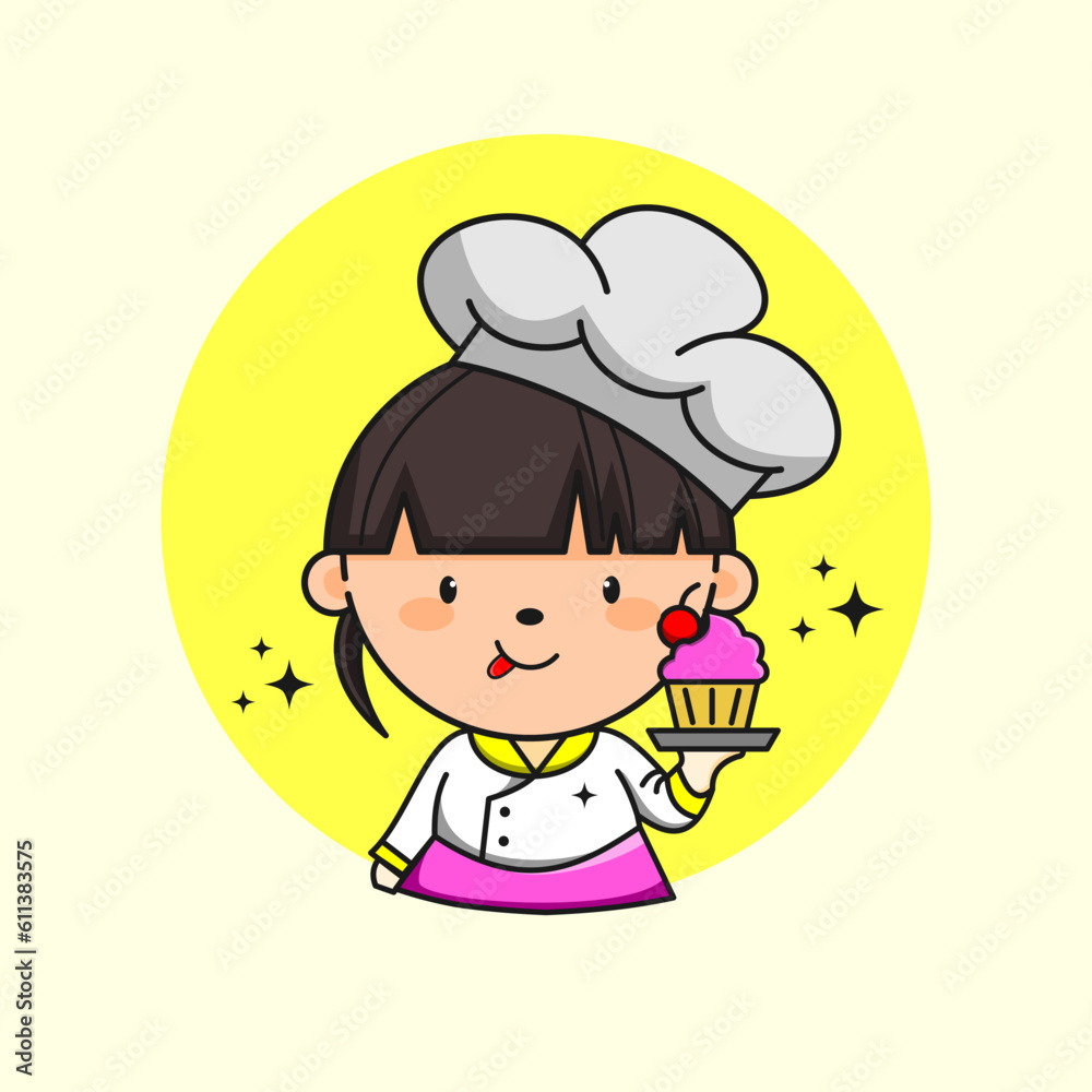 cute chef with cup cake illustration cartoon