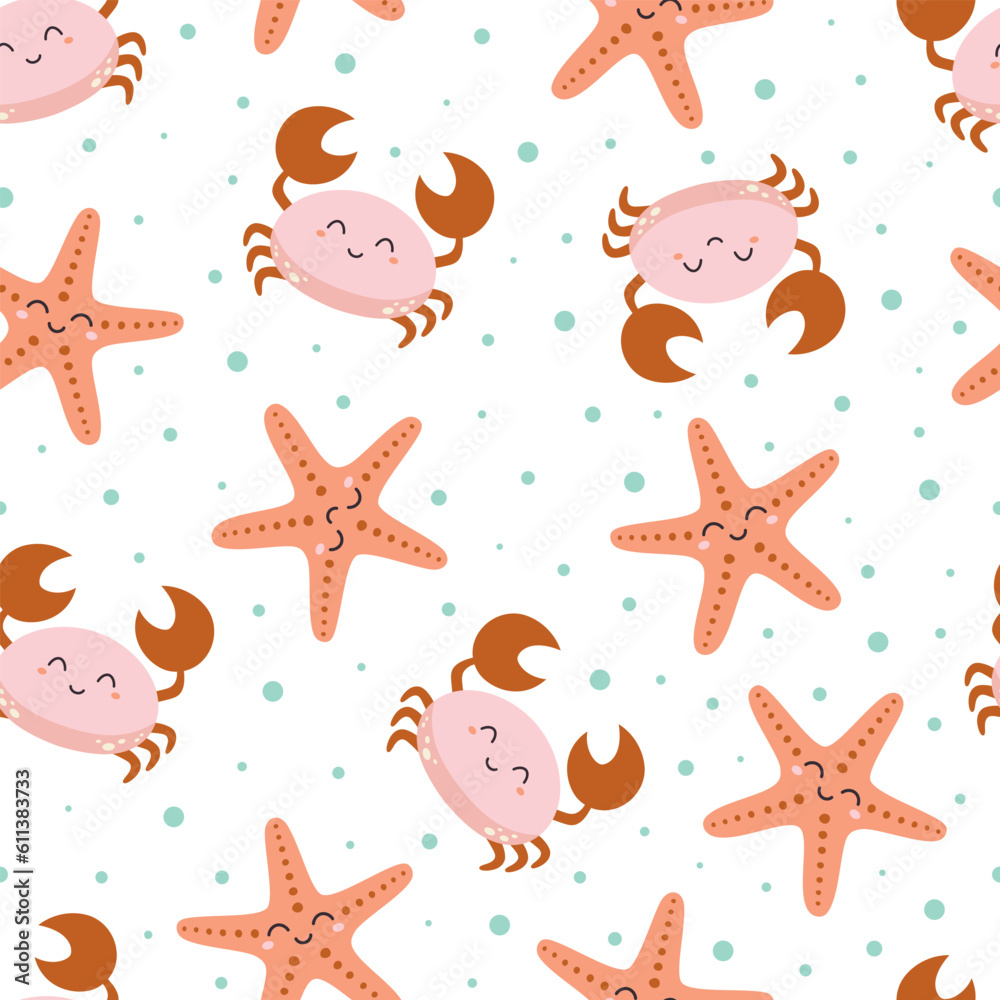 cartoon summer seamless pattern with cute crab