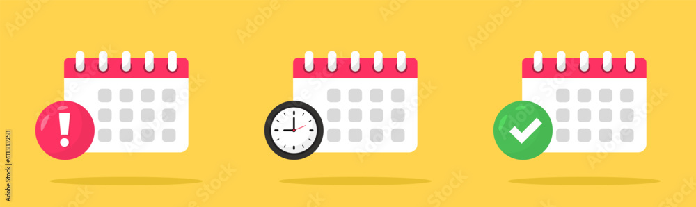Calendar icon set. Calendar pages - agenda, time, watch, deadline, mark done, yes, success, approved, confirm. Notice of important schedule date. The concept of goal setting and workflow planning - obrazy, fototapety, plakaty 