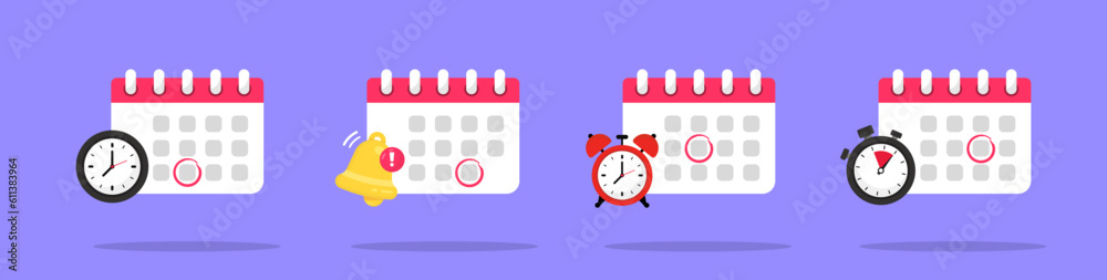Calendar icon set. Calendar pages - agenda, time, watch, deadline, date page, stopwatch, alarm clock, bell. Notice of important schedule date. The concept of goal setting and workflow planning. Vector - obrazy, fototapety, plakaty 