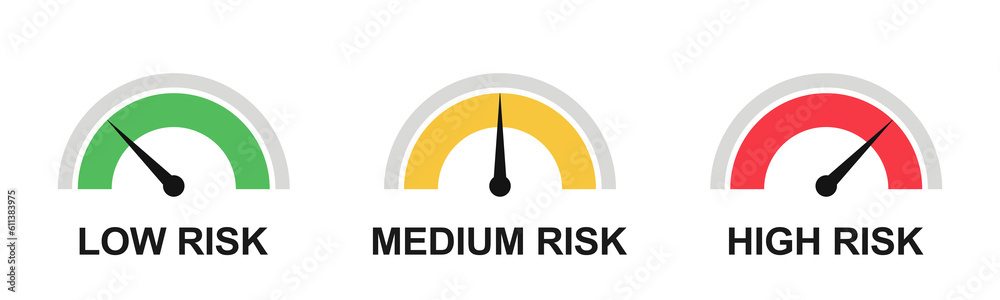Risk meter icon set. Scale Low, Medium or High risk on speedometer. Risk concept on speedometer. Set of gauges from low to high. Minimum to Maximum. Vector illustration. Risk meter icon set. Scale Low, Medium or High risk on speedometer. Risk concept on speedometer. Set of gauges from low to high. Minimum to Maximum. Vector illustration.