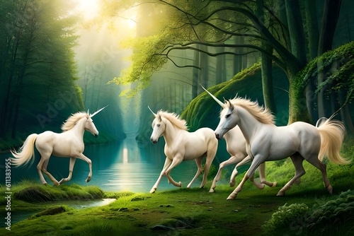 A magnificent thundering herd of unicorn-like creatures known as alicorns  galloping through a mystical forest