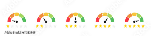 Set of speedometer icons with star rating. Speedometer, gauge meter icons with stars. Level of performance. Infographic of risk, gauge, score. User review icon. Customer satisfaction level. Vector