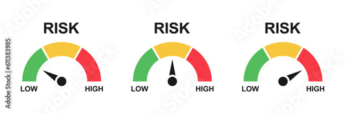 Risk meter icon set. Scale Low, Medium or High risk on speedometer. Risk concept on speedometer. Set of gauges from low to high. Minimum to Maximum. Vector illustration.