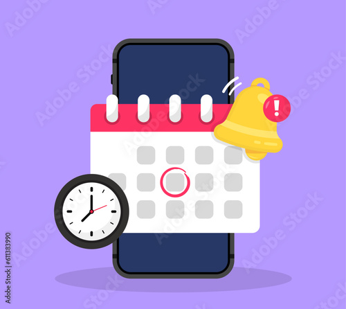 Smartphone with calendar notification message on screen. Reminder in calendar on purple background. Notice of important schedule date. The concept of goal setting and workflow planning. Vector