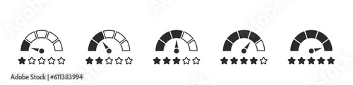 Set of speedometer icons with star rating. Speedometer, gauge meter icons with stars. Level of performance. Infographic of risk, gauge, score. User review icon. Customer satisfaction level. Vector