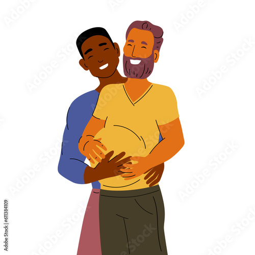 Pregnant transgender queer man. Two homosexual men. Interracial gay couple expecting a baby. Men of different races hugging. 