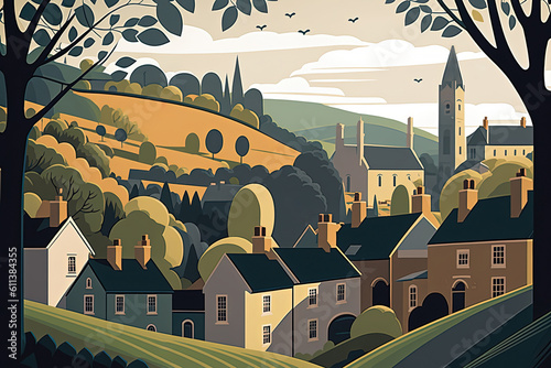 Fototapeta Naklejka Na Ścianę i Meble -  English, French or European Town or Village set in the Countryside with Churches, Countryside in a Peaceful Setting rolling hills rural Quaint old fashioned Stylised Illustration