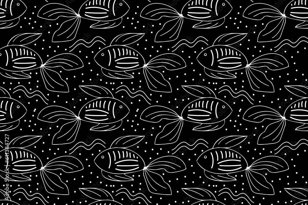 Contrast black and white colors. Doodle fishes. Trendy, stylish, fashionable, seamless vector pattern for design and decoration.