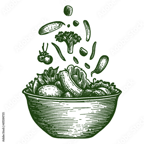 falling vegetables to the bowl, salad sketch
