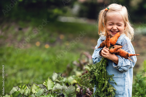 Adorable toddler smiling blonde girl holding carrots in domestic garden. Healthy organic vegetables for kids. Garden, vegetable, gardening. Picked Fresh Vegetables Just From The Garden