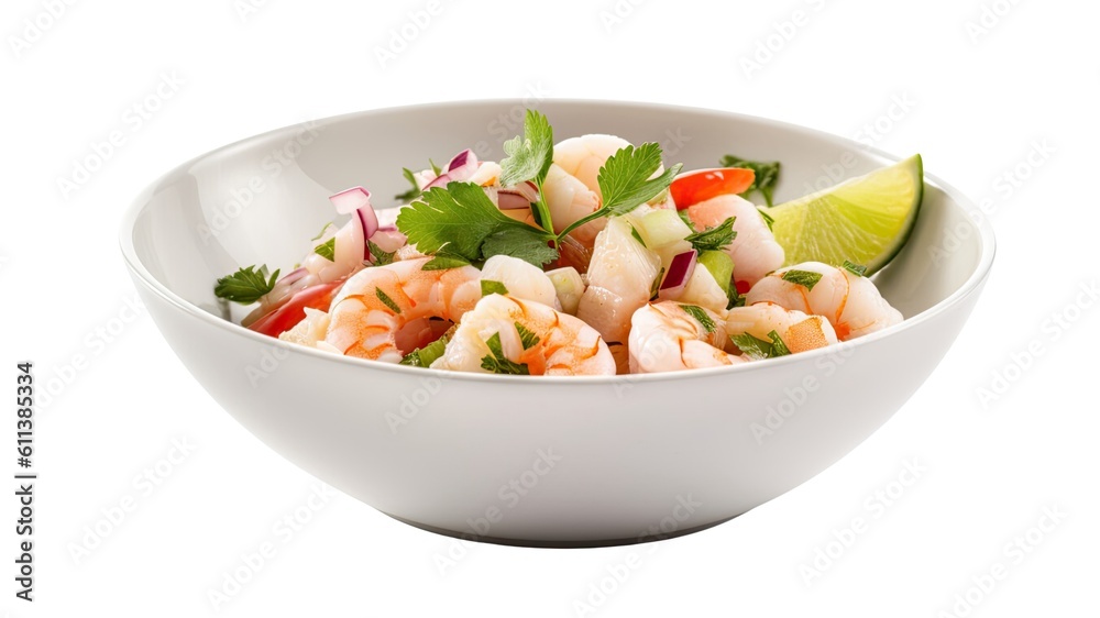 A colorful plate of ceviche with shrimp, lime, and cilantro on White Background with copy space for your text created with generative AI technology A colorful plate of ceviche with shrimp, lime, and cilantro on White Background with copy space for your text created with generative AI technology