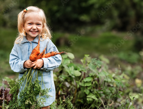Adorable toddler smiling blonde girl holding carrots in domestic garden. Healthy organic vegetables for kids. Garden, vegetable, gardening. Picked Fresh Vegetables Just From The Garden