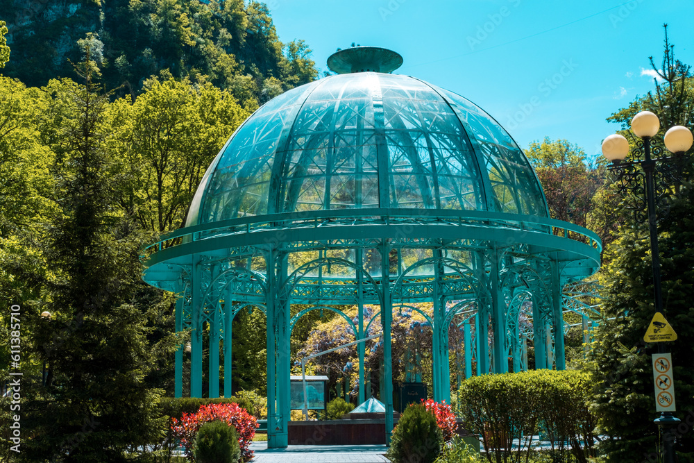 Source with healing mineral water. Beautiful pavilion with a glass dome ...