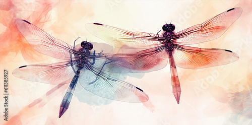 contemporary banner x ray style of dragonflies  pattern on pastel background, generative ai illustration  © aledesun