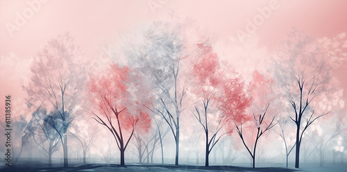 contemporary bannerof romantic trees in winter colors and mood, leaves pattern on pastel background, generative ai illustration	