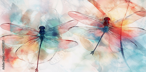 contemporary banner x ray style of dragonflies  pattern on pastel background, generative ai illustration  © aledesun