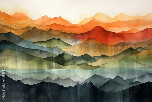 contemporary banner watercolored style, landscape with mountains layers on pastel background, generative ai illustration