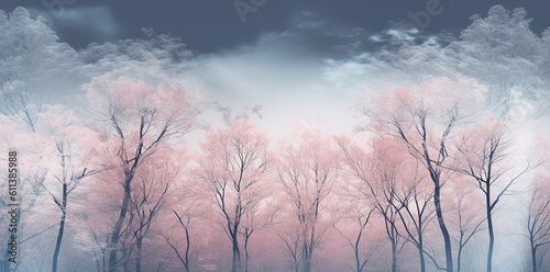 contemporary bannerof romantic trees in winter colors and mood, leaves pattern on pastel background, generative ai illustration 