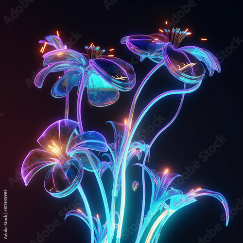 neon bouquet flowers   futuristic shape  blue mood  generative ai illustration