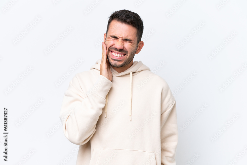 Young caucasian man isolated on white background with toothache Young caucasian man isolated on white background with toothache
