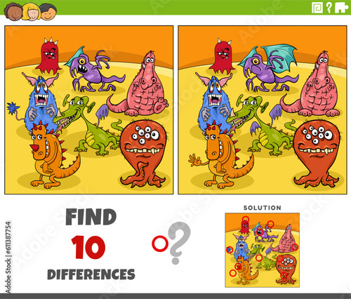 differences game with cartoon monsters fantasy characters