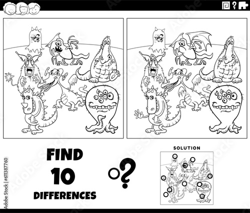 differences game with cartoon monsters coloring page