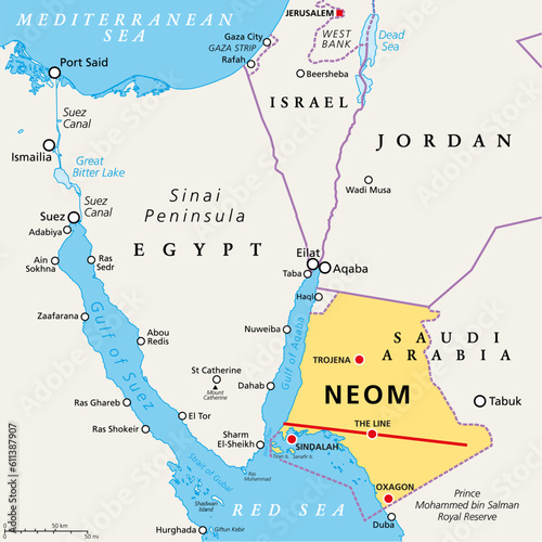 NEOM and the Sinai Peninsula, political map. Neom, a planned smart city in Tabuk Province in northwestern Saudi Arabia, north the Red Sea, east of Egypt, across the Gulf of Aqaba, and south of Jordan. photo