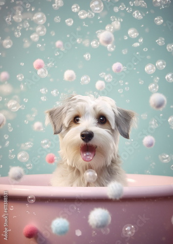 Cute Havanese dog in a small bathtub with soap foam and bubbles, cute pastel colors.