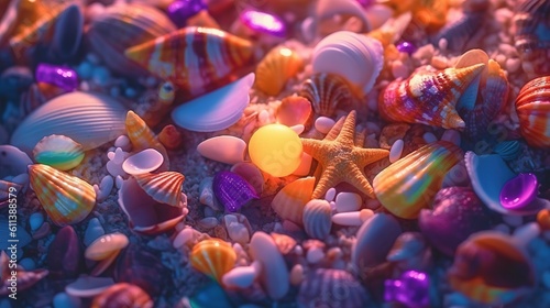 Seashells and starfish on seashore in tropical beach. Generative AI. Illustration for banner, poster, cover or presentation.