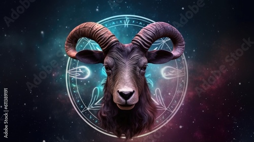 Astrology calendar. Capricorn magical zodiac sign astrology. Esoteric horoscope and fortune telling concept. Capricorn Zodiac in universe. Generative AI