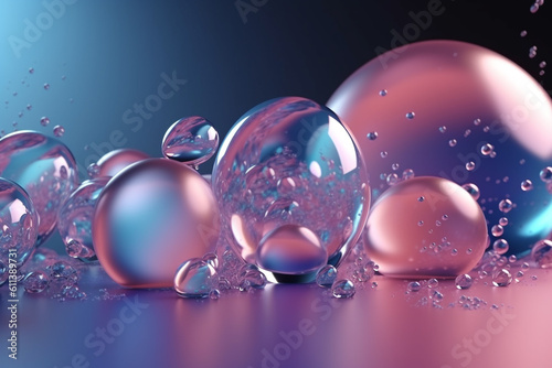 Abstract pastel pink blue background with iridescent air bubbles. Glass balls or water drops background with copy space in 3d render style. Generative AI
