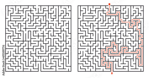 Labyrinth game way. Square maze, simple logic game with labyrinths way. How to find out quiz, finding exit path rebus or logic labyrinth challenge isolated vector illustration