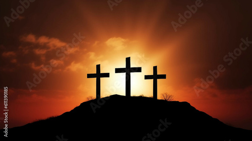 Silhouette of the cross on the mountain at sunset. Good Friday Concept. 