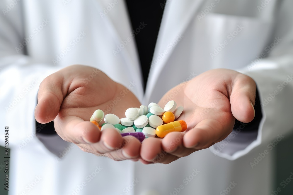 a closeup photo of a doctor offering and giving medical tablets and pills with his two hands to the patient. Generative AI